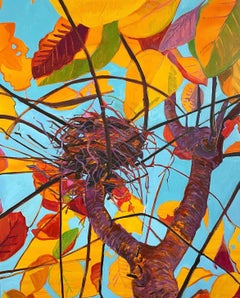 Golden Hour : peinture à l'huile contemporaine de  nid d'oiseaux dans un arbre, feuilles dorées et rouges