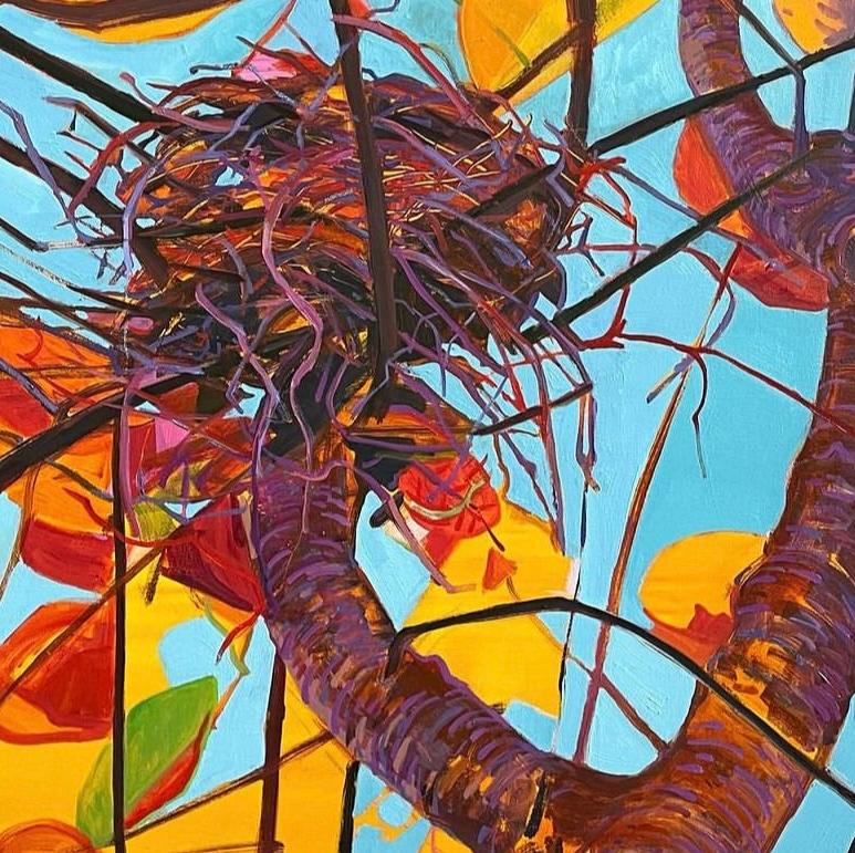 Golden Hour: large abstract painting w/ bird nest in leafy autumn tree, blue sky - Painting by Deirdre Murphy