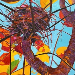 Golden Hour: large abstract painting w/ bird nest in leafy autumn tree, blue sky