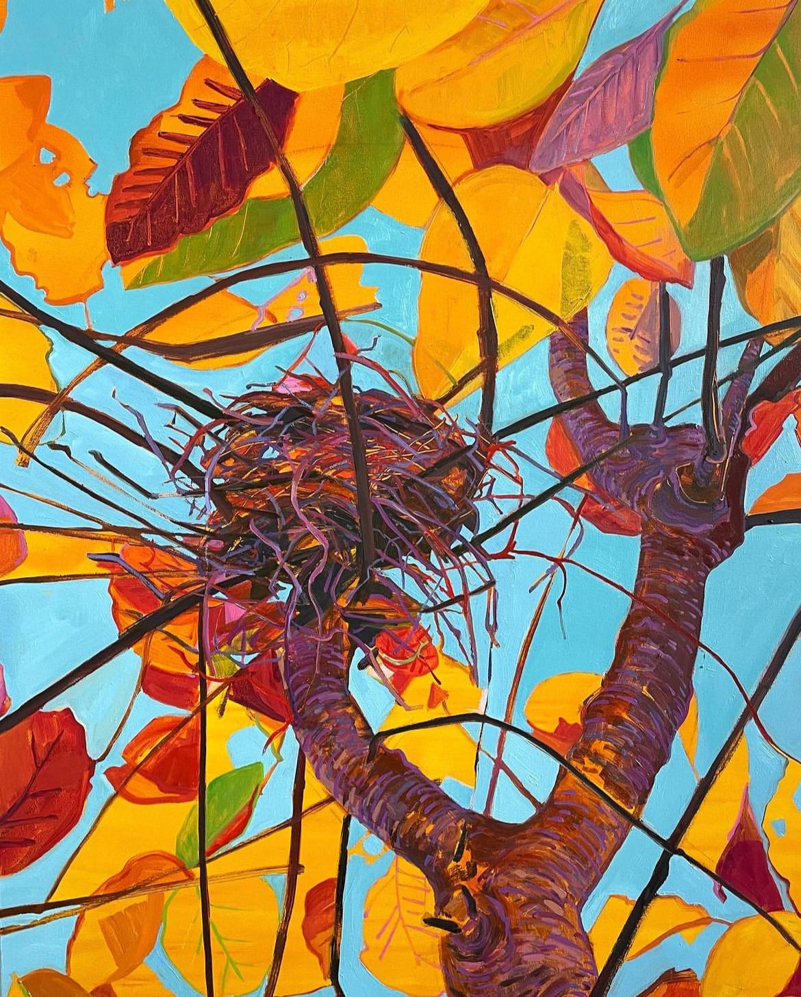 Deirdre Murphy Abstract Painting - Golden Hour: large abstract painting w/ bird nest in leafy autumn tree, blue sky