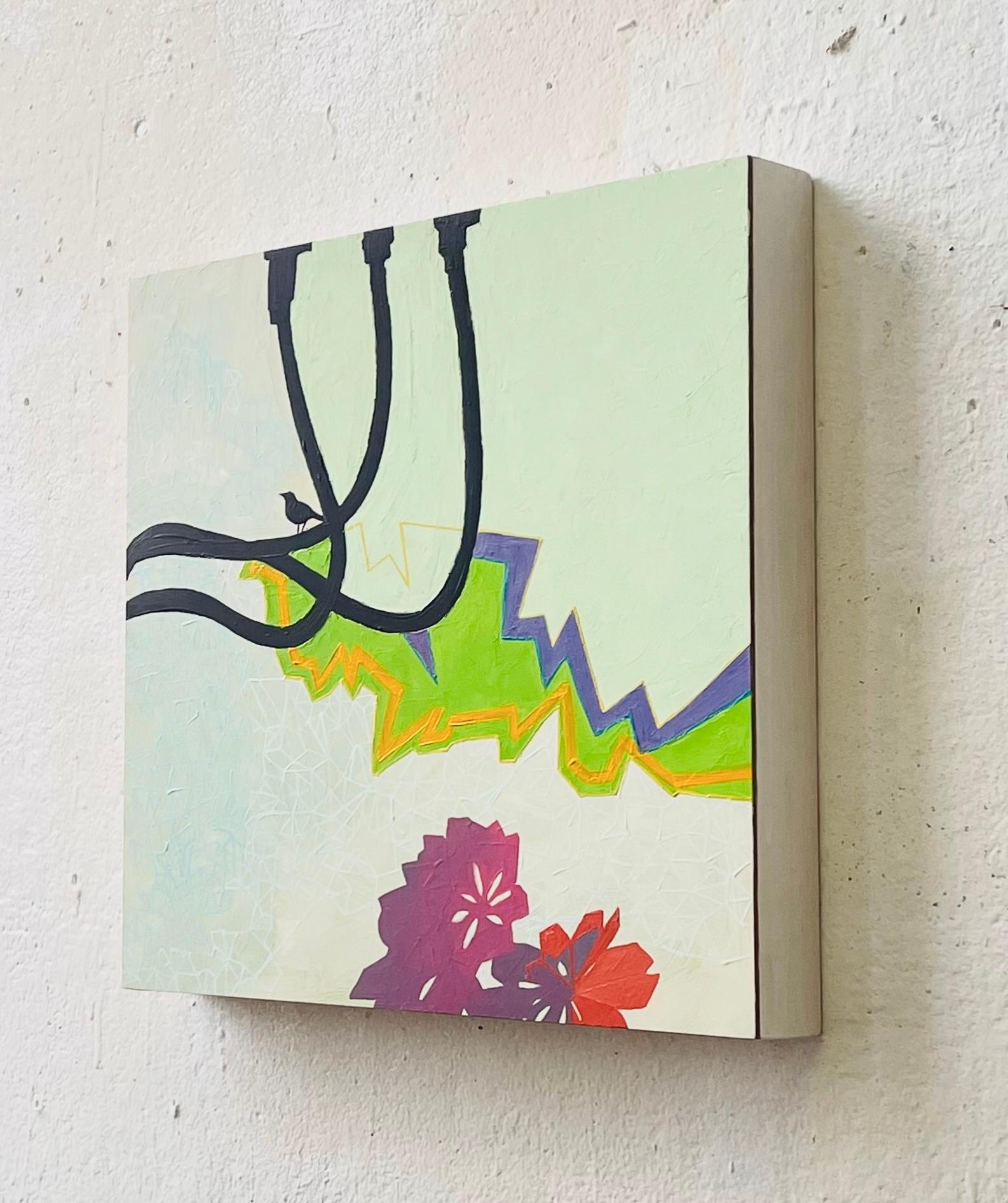 Comment Birds See II : peinture abstraite contemporaine avec oiseau en blanc, vert et violet - Vert Abstract Painting par Deirdre Murphy