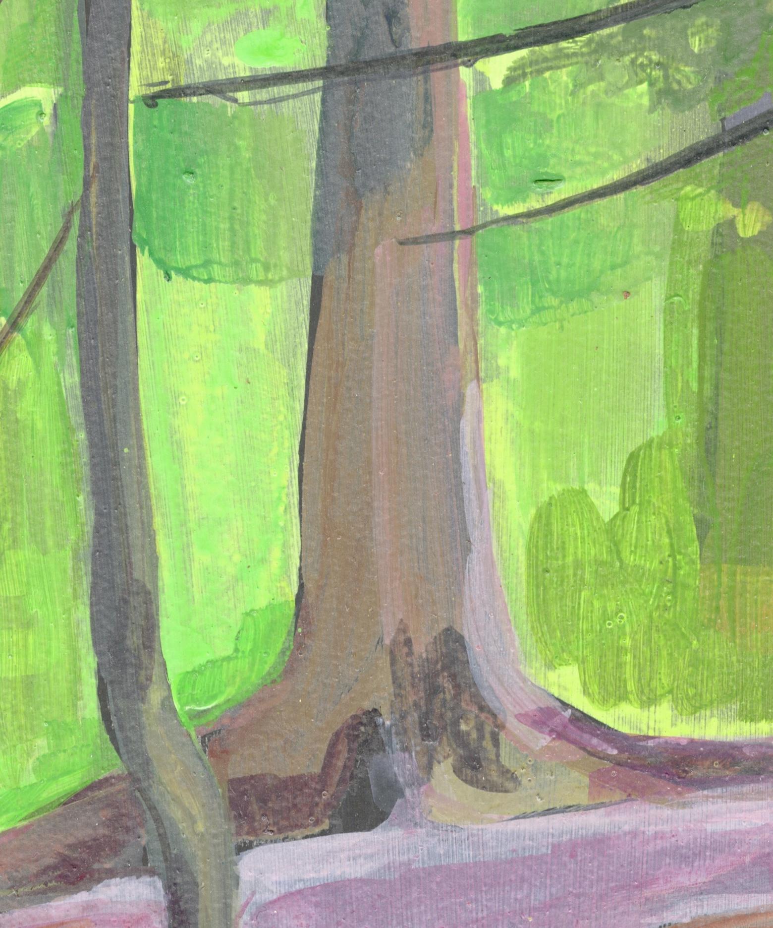 Lavender Trail Portal: abstract landscape painting with trees, green forest - Painting by Deirdre Murphy
