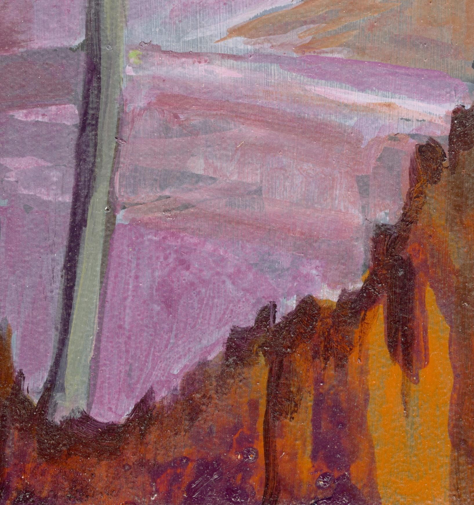 Lavender Trail Portal: abstract landscape painting with trees, green forest - Abstract Painting by Deirdre Murphy