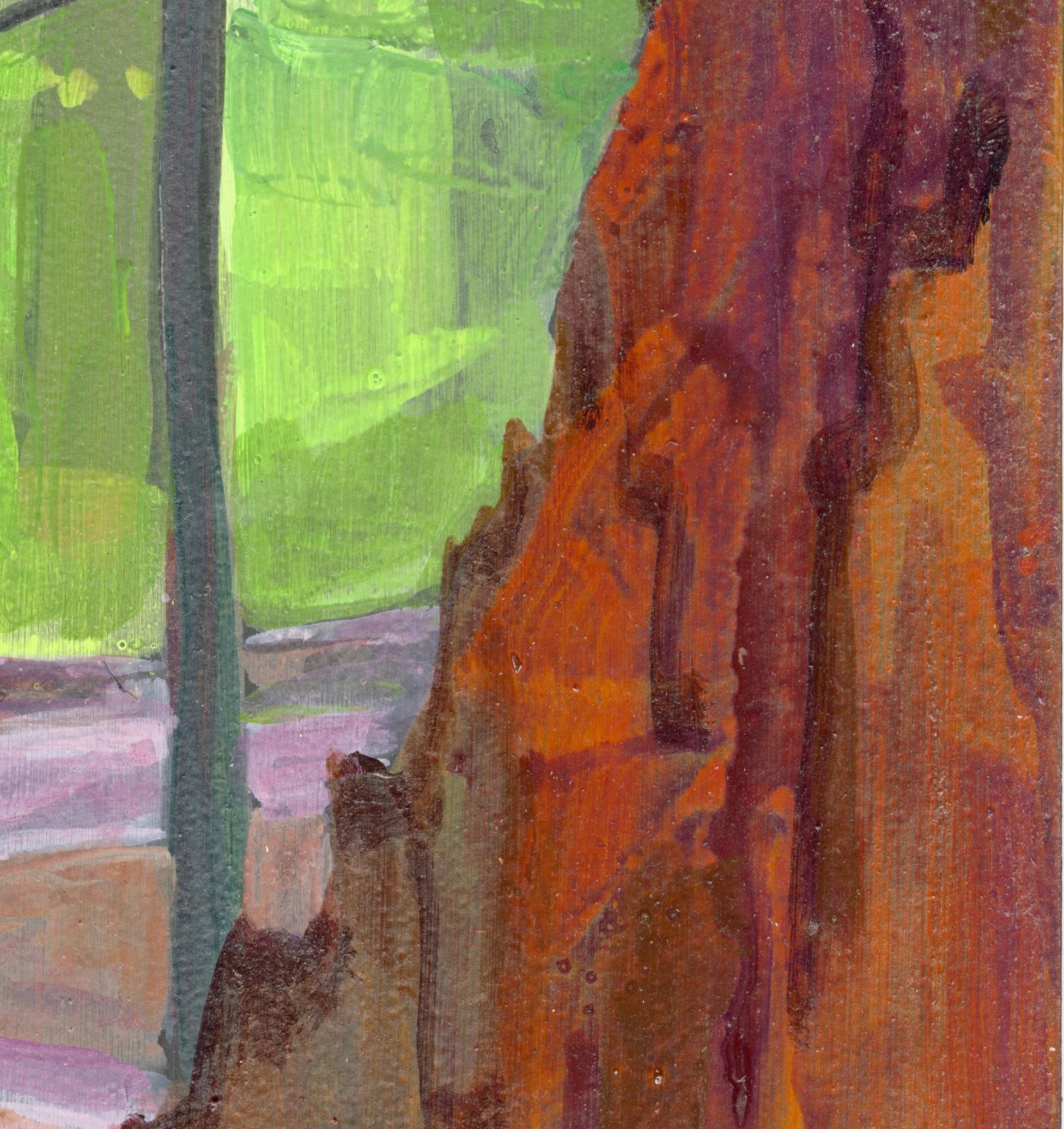 Lavender Trail Portal: abstract landscape painting with trees, green forest - Purple Abstract Painting by Deirdre Murphy