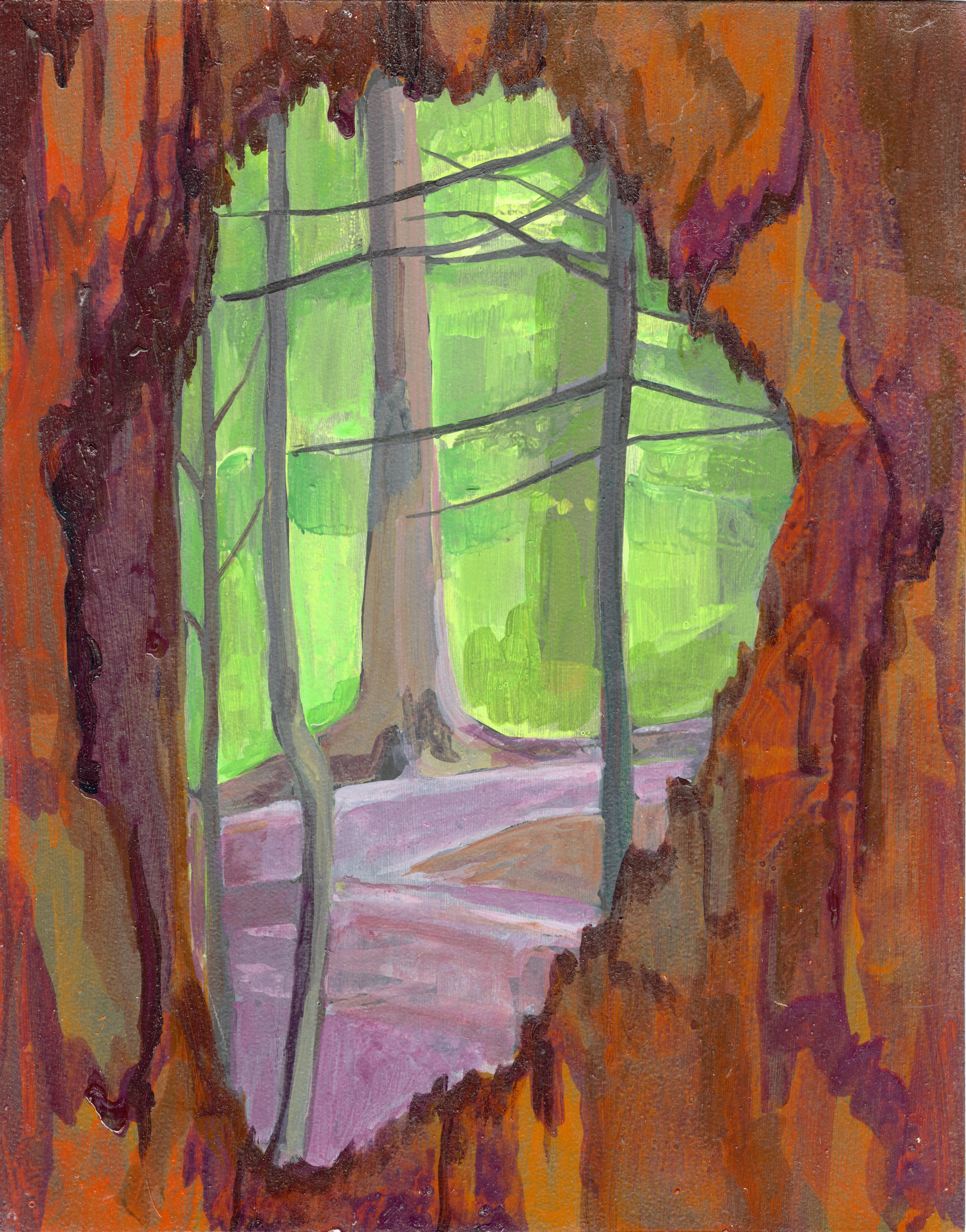 Deirdre Murphy Abstract Painting - Lavender Trail Portal: abstract landscape painting with trees, green forest