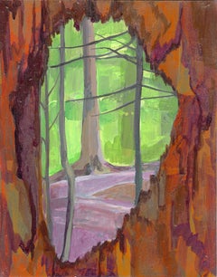 Lavender Trail Portal: abstract landscape painting with trees, green forest