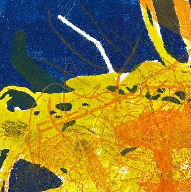 Nest Neuron IV: one-of-a-kind monoprint of abstract bird nest in blue, yellow - Painting by Deirdre Murphy