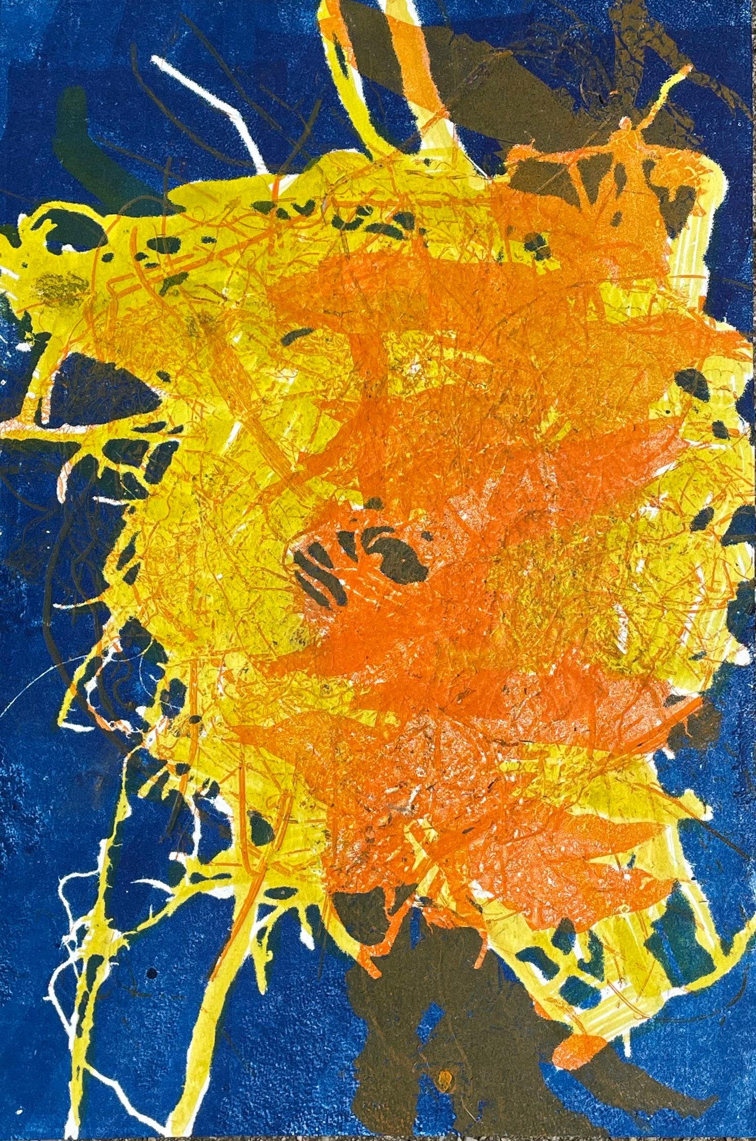 Deirdre Murphy Still-Life Painting - Nest Neuron IV: one-of-a-kind monoprint of abstract bird nest in blue, yellow