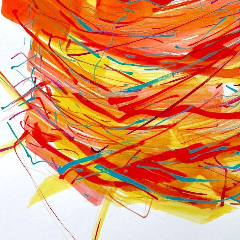 Nest Tower I: original painting on paper of abstract bird nest in orange, yellow - Painting by Deirdre Murphy