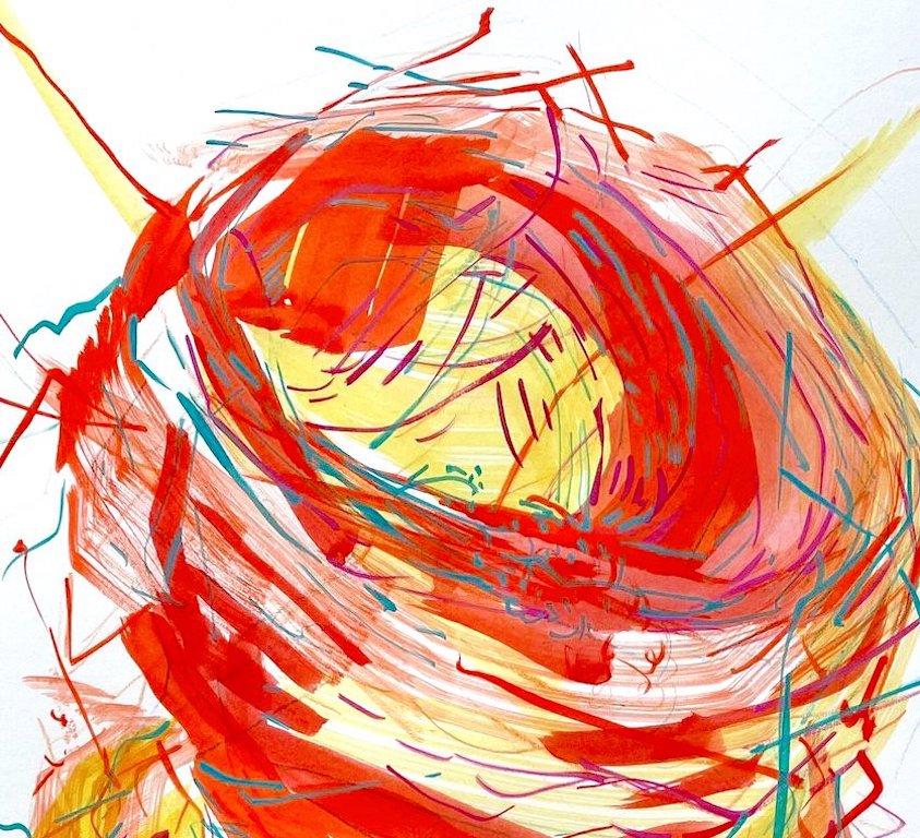 Nest Tower I: original painting on paper of abstract bird nest in orange, yellow - Abstract Painting by Deirdre Murphy