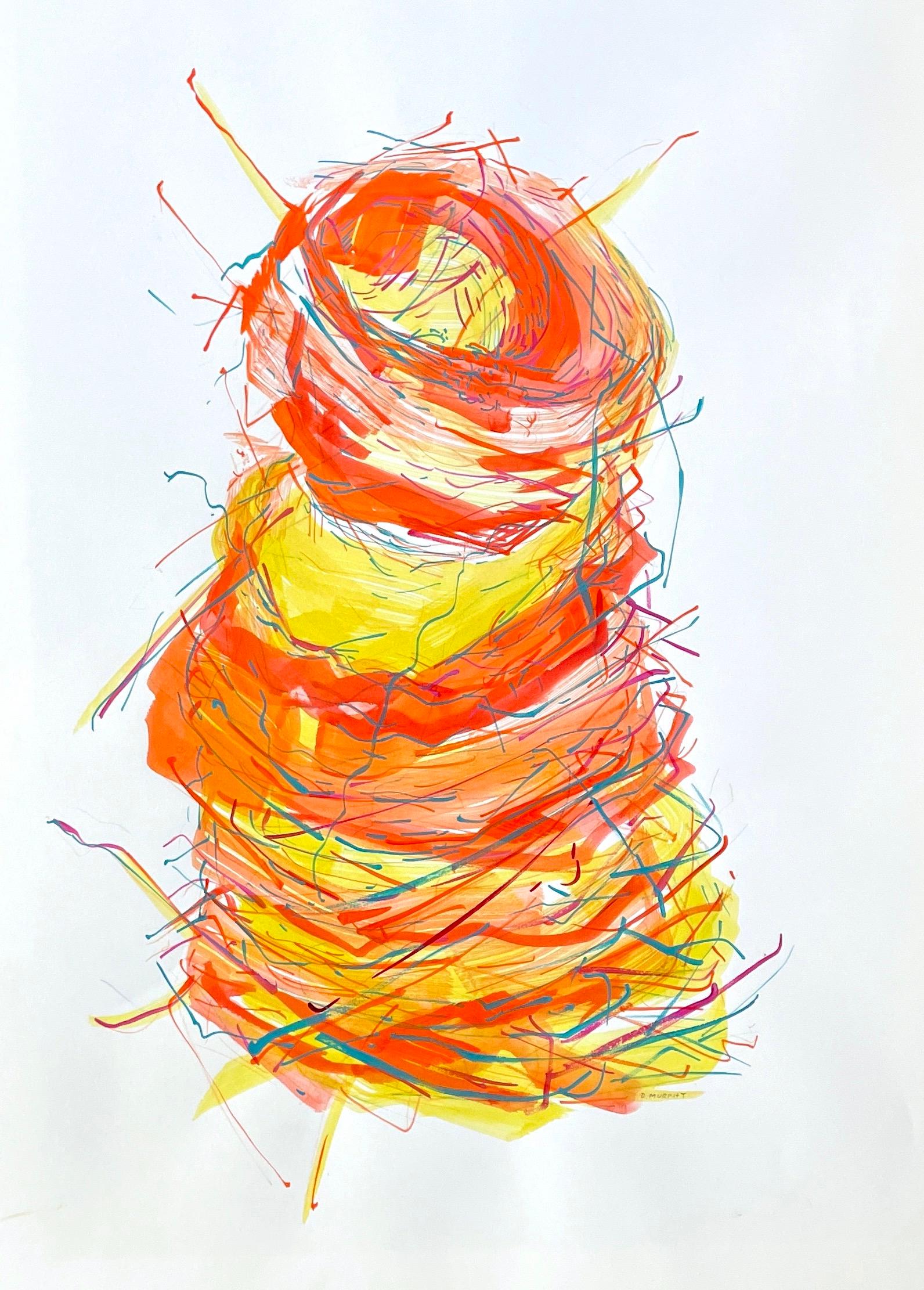 Abstract Painting Deirdre Murphy - Nest Tower I : peinture originale sur papier d'un nid d'oiseau abstrait en orange, jaune