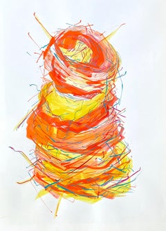 Vintage Nest Tower I: original painting on paper of abstract bird nest in orange, yellow