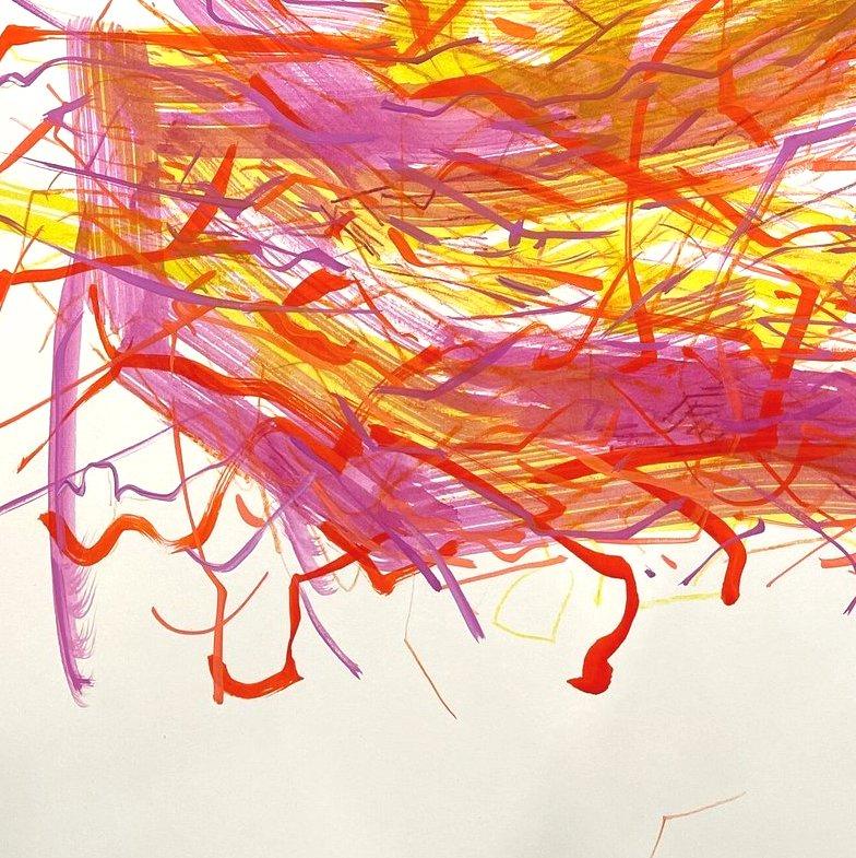 Nest Tower II : peinture originale sur papier d'un nid d'oiseau abstrait en orange et rose - Abstrait Painting par Deirdre Murphy