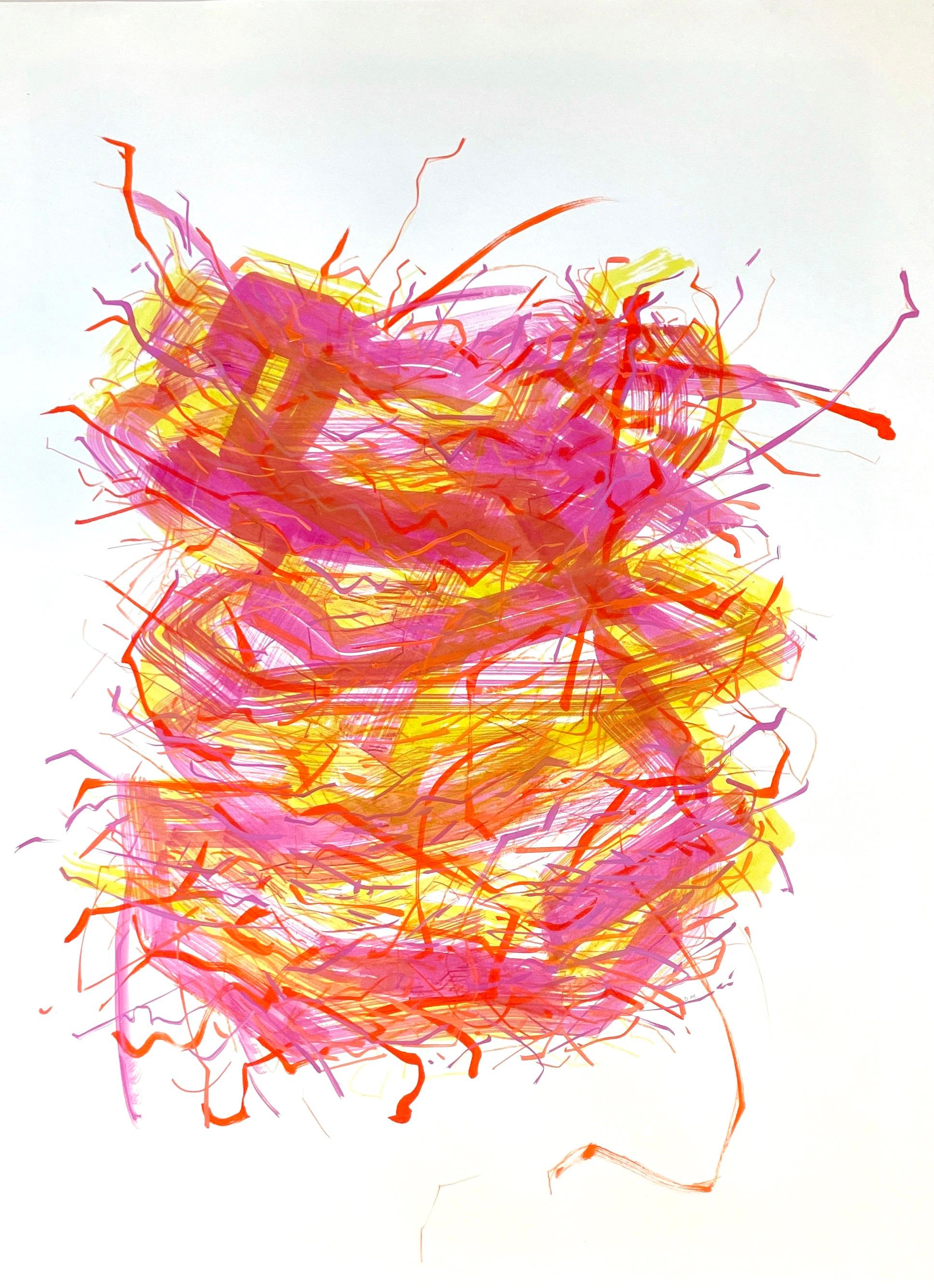 Nest Tower II: original painting on paper of abstract bird nest in orange & pink