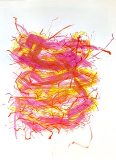 Nest Tower II: original painting on paper of abstract bird nest in orange & pink