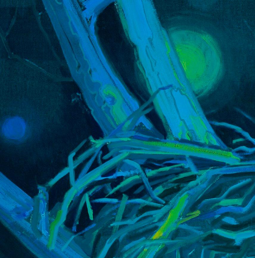 Night Watch: abstract painting w/ bird nest in tree at night, dark blues, greens - Painting by Deirdre Murphy