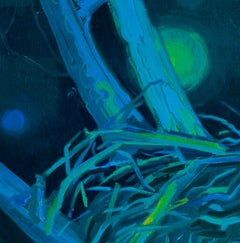 Night Watch: abstract painting w/ bird nest in tree at night, dark blues, greens