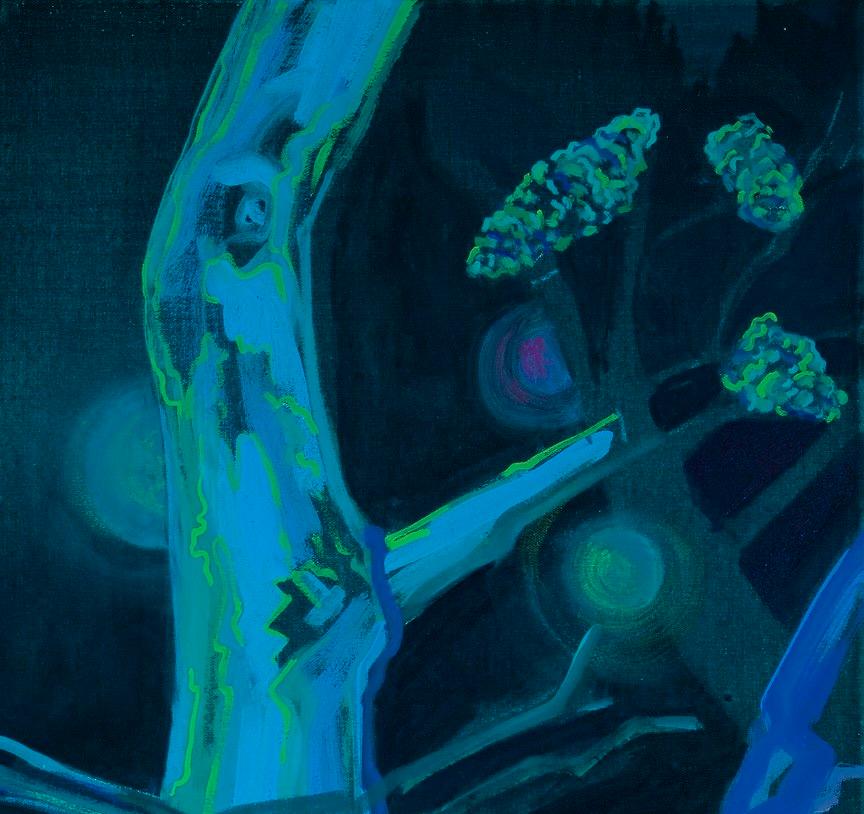 Night Watch: abstract painting w/ bird nest in tree at night, dark blues, greens - Blue Landscape Painting by Deirdre Murphy