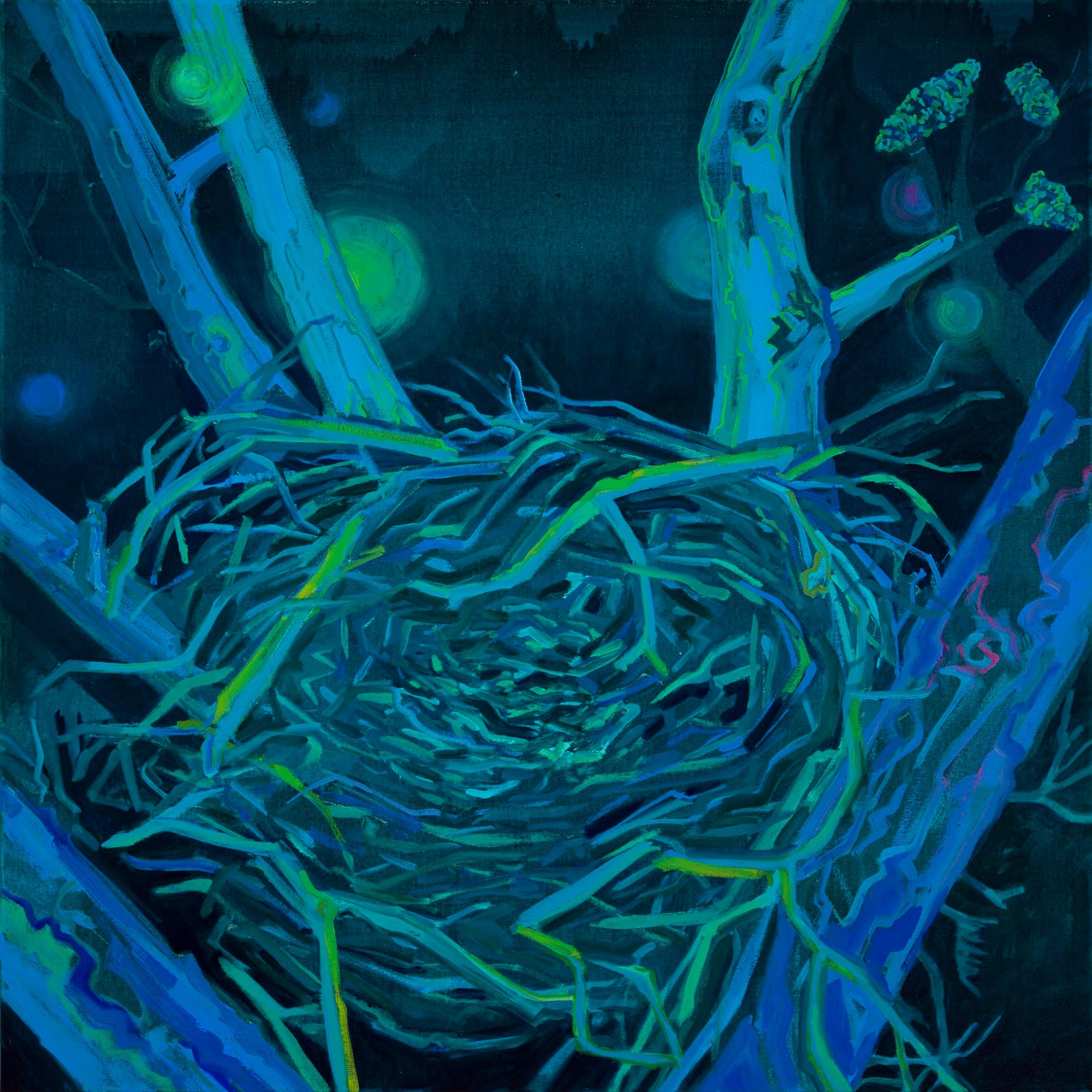 Deirdre Murphy Landscape Painting - Night Watch: abstract painting w/ bird nest in tree at night, dark blues, greens