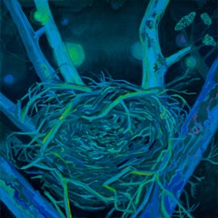 Night Watch: abstract painting w/ bird nest in tree at night, dark blues, greens