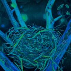 Night Watch: zeitgenössisches Ölgemälde eines Vogelnests in einem Baum, blau und grün