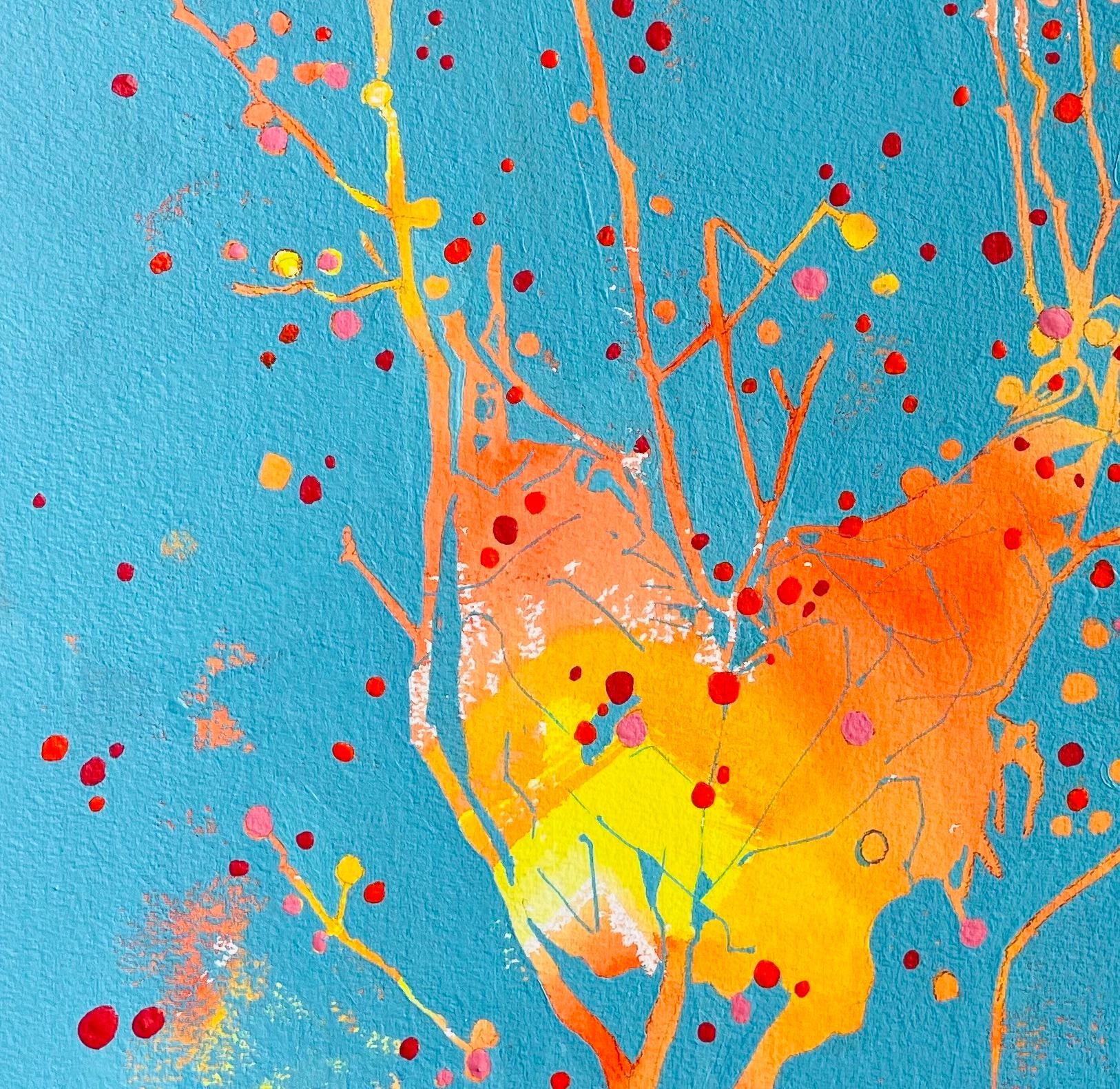 Nugget: abstract painting of bird nest in tree: red & orange w/ turquoise blue - Painting by Deirdre Murphy