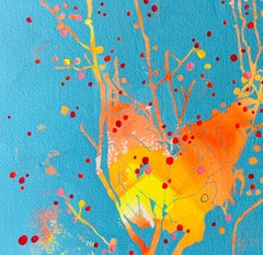 Nugget: abstract painting of bird nest in tree: red & orange w/ turquoise blue