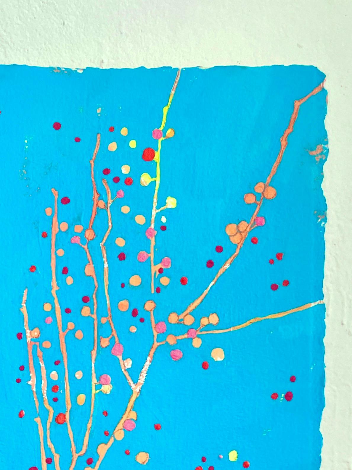 Nugget: abstract painting of bird nest in tree: red & orange w/ turquoise blue - Abstract Painting by Deirdre Murphy
