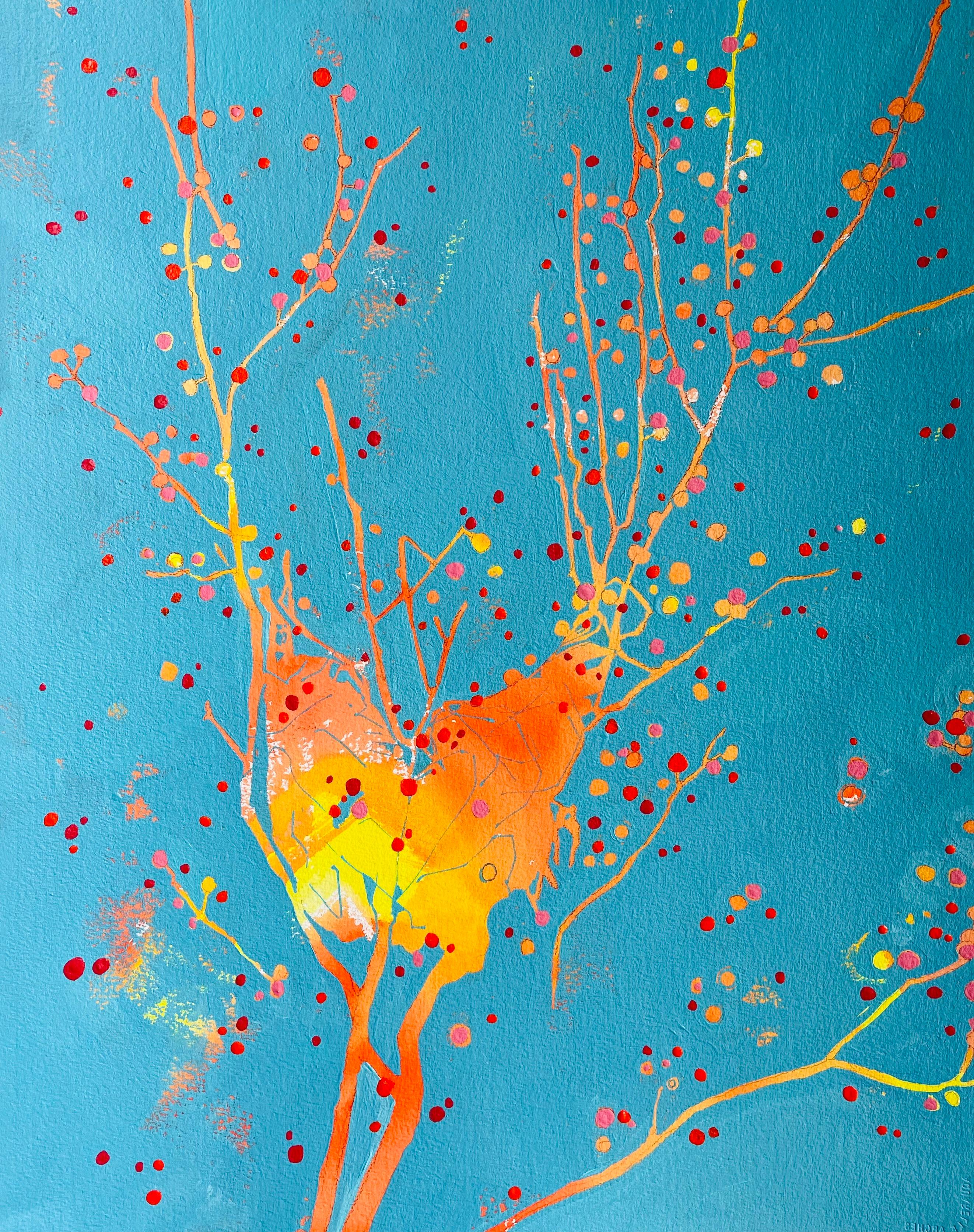 Deirdre Murphy Landscape Painting - Nugget: abstract painting of bird nest in tree: red & orange w/ turquoise blue