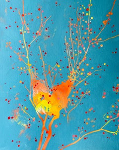 Nugget : peinture abstraite d'un nid d'oiseau dans un arbre : rouge et orange avec bleu turquoise