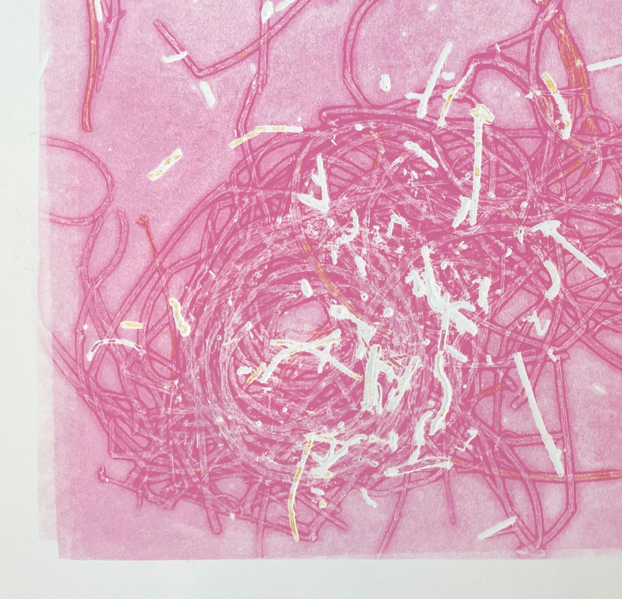 Pink Nest: one-of-a-kind monoprint of abstract bird nest w/ orange & white lines - Painting by Deirdre Murphy