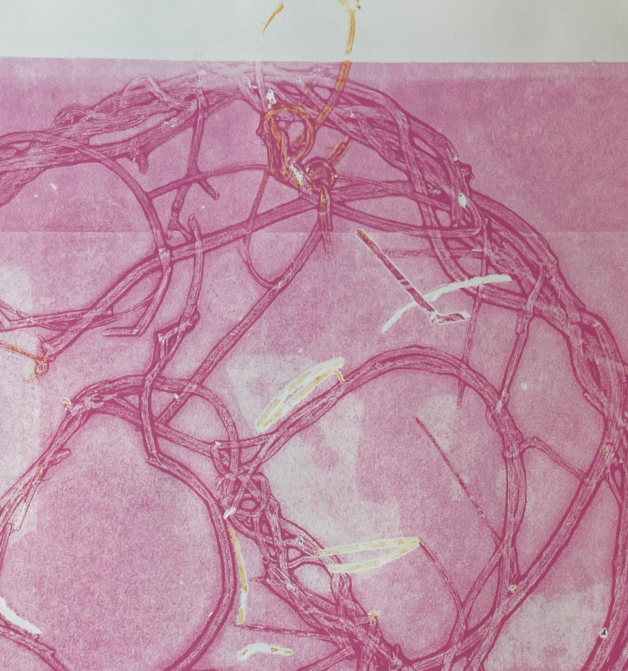 Pink Nest: one-of-a-kind monoprint of abstract bird nest w/ orange & white lines - Abstract Painting by Deirdre Murphy