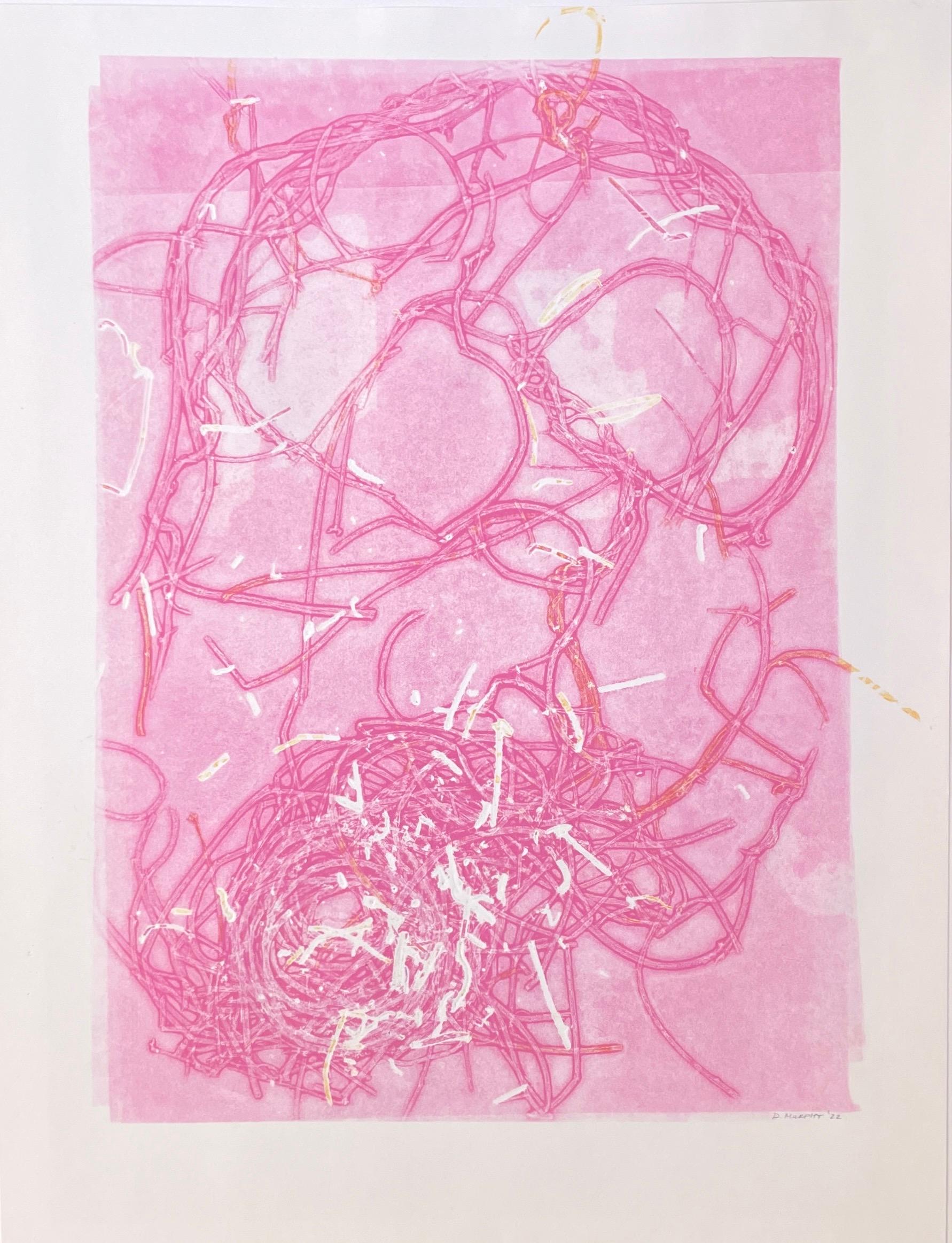 Pink Nest: one-of-a-kind monoprint of abstract bird nest w/ orange & white lines