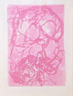 Pink Nest: one-of-a-kind monoprint of abstract bird nest w/ orange & white lines