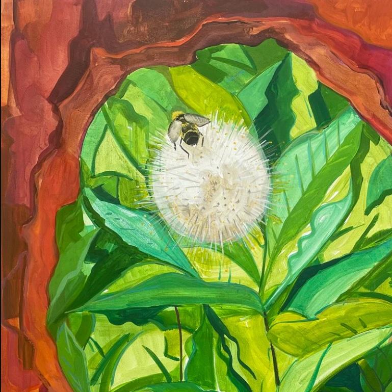 Pom Pom Pollinator: abstract landscape painting w/ honeybee, plants, tree leaves - Painting by Deirdre Murphy