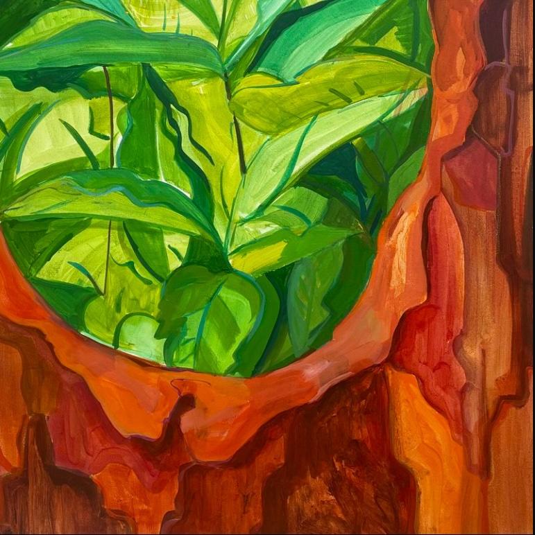 Pom Pom Pollinator: abstract landscape painting w/ honeybee, plants, tree leaves - Abstract Painting by Deirdre Murphy