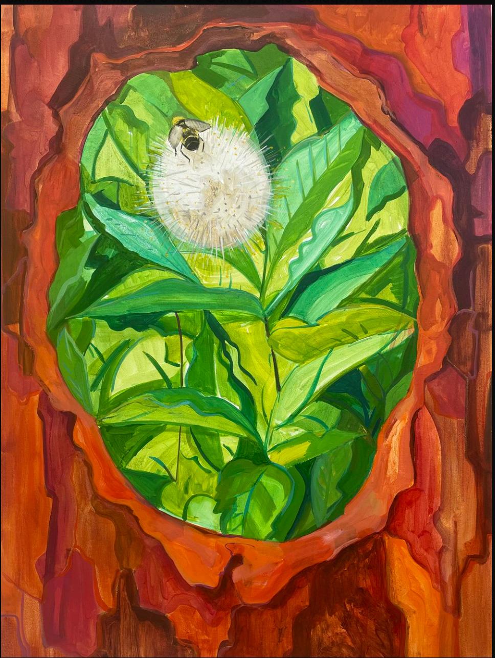 Deirdre Murphy Landscape Painting - Pom Pom Pollinator: abstract landscape painting w/ honeybee, plants, tree leaves