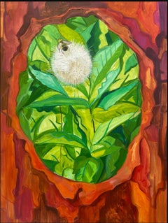 Pom Pom Pollinator: abstract landscape painting w/ honeybee, plants, tree leaves
