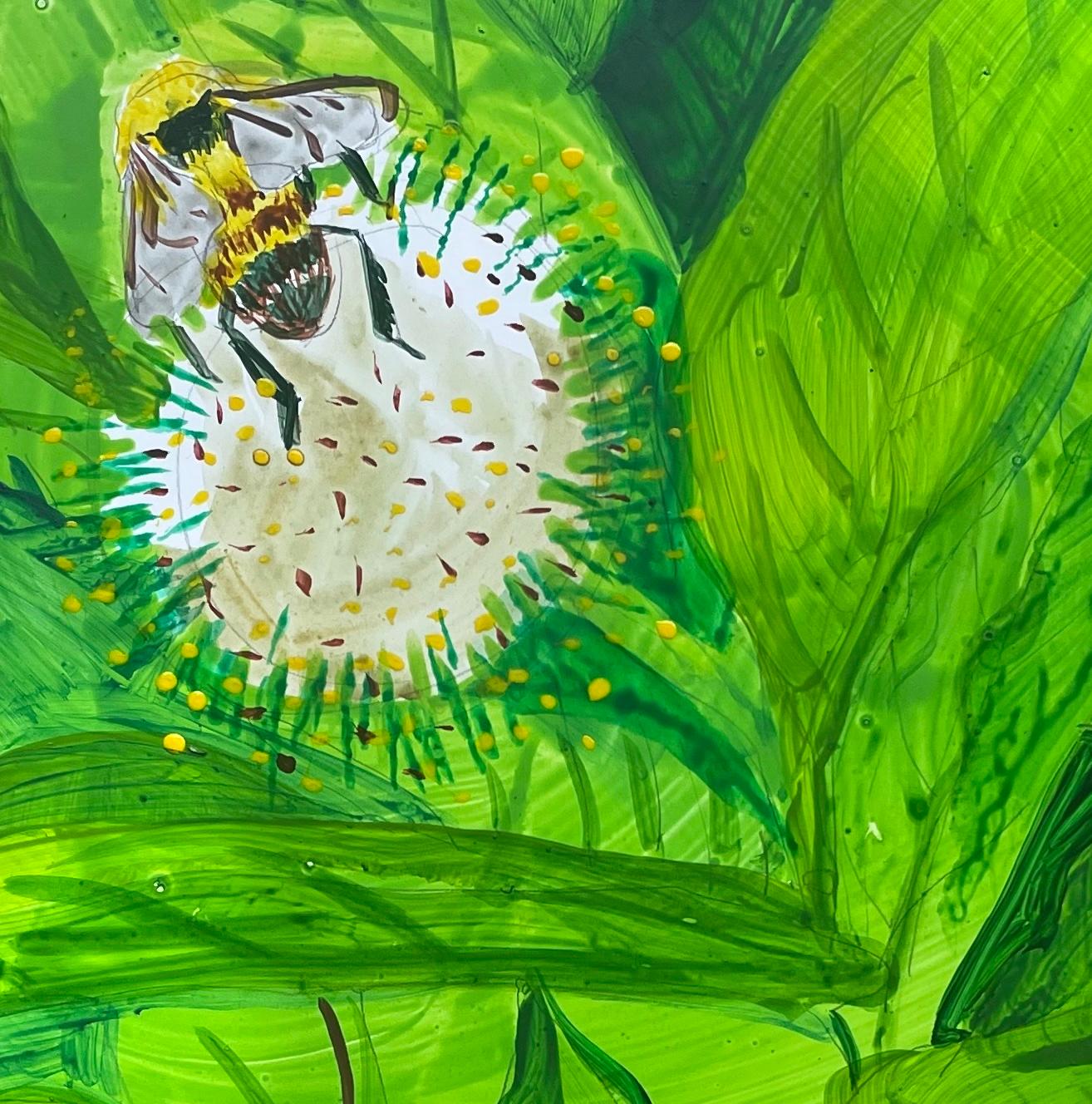 Pompom Portal study: abstract landscape painting w/ honeybee trees, green forest - Painting by Deirdre Murphy