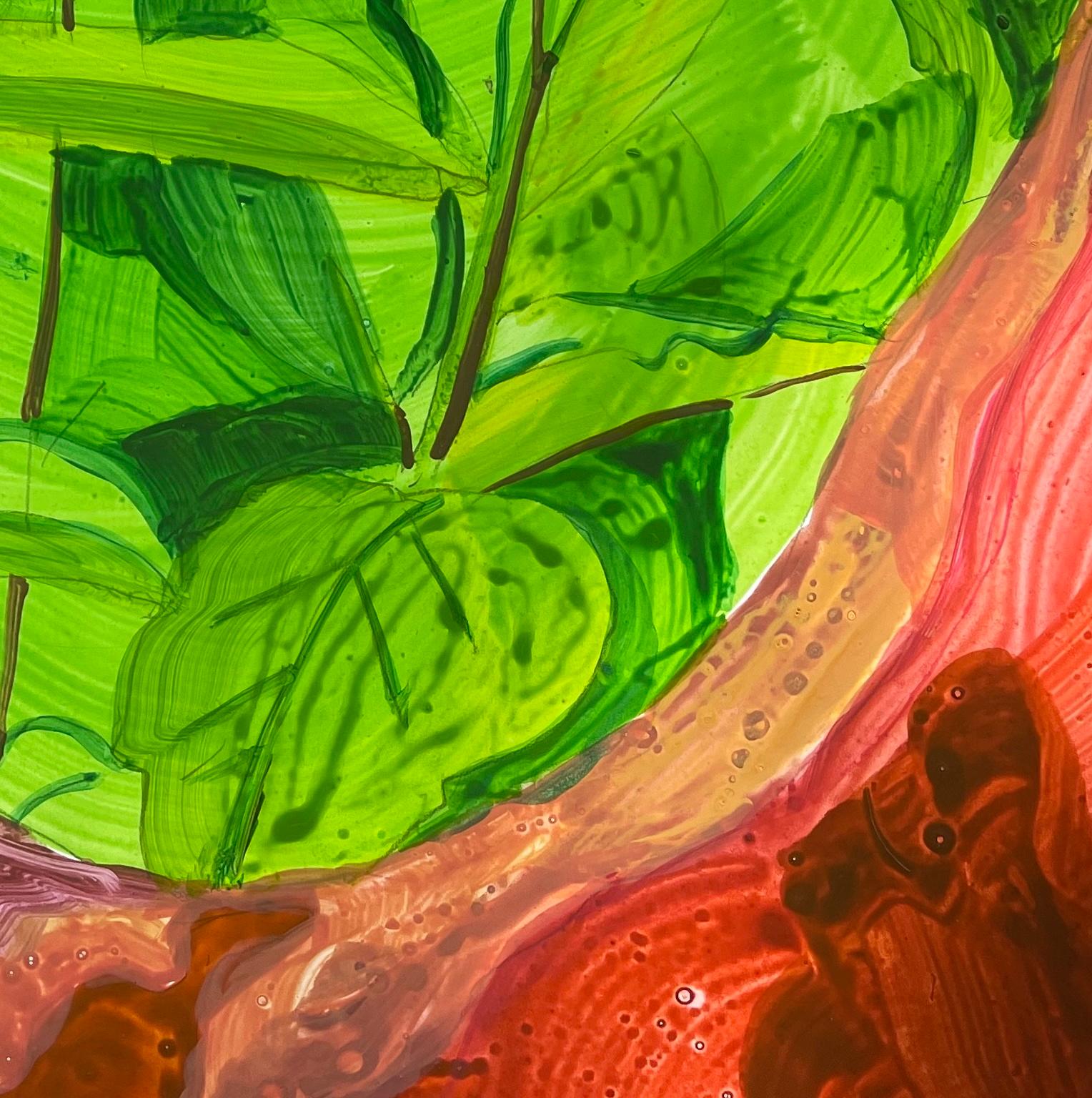 Pompom Portal study: abstract landscape painting w/ honeybee trees, green forest - Abstract Painting by Deirdre Murphy