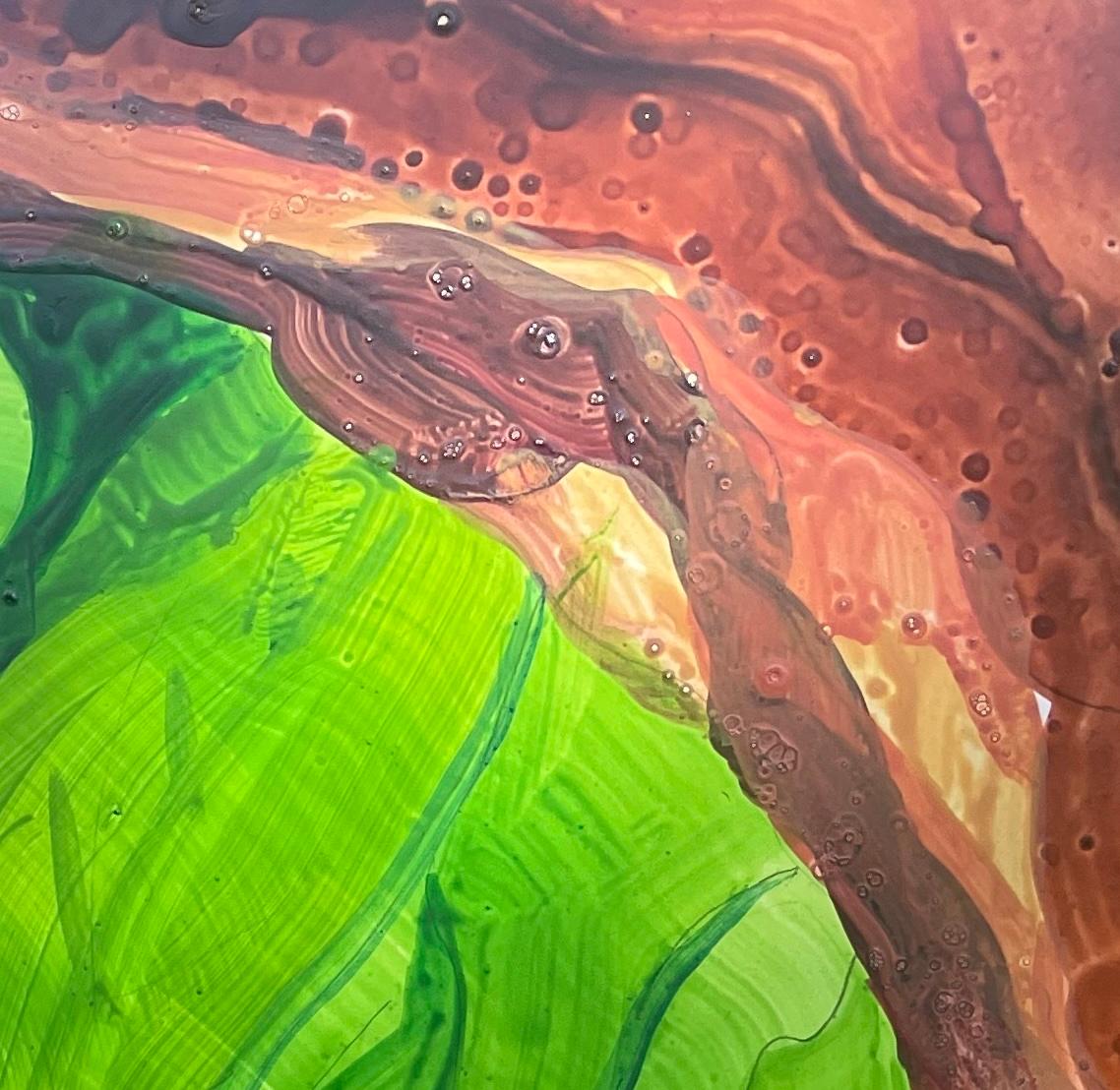 Pompom Portal study: abstract landscape painting w/ honeybee trees, green forest - Green Landscape Painting by Deirdre Murphy