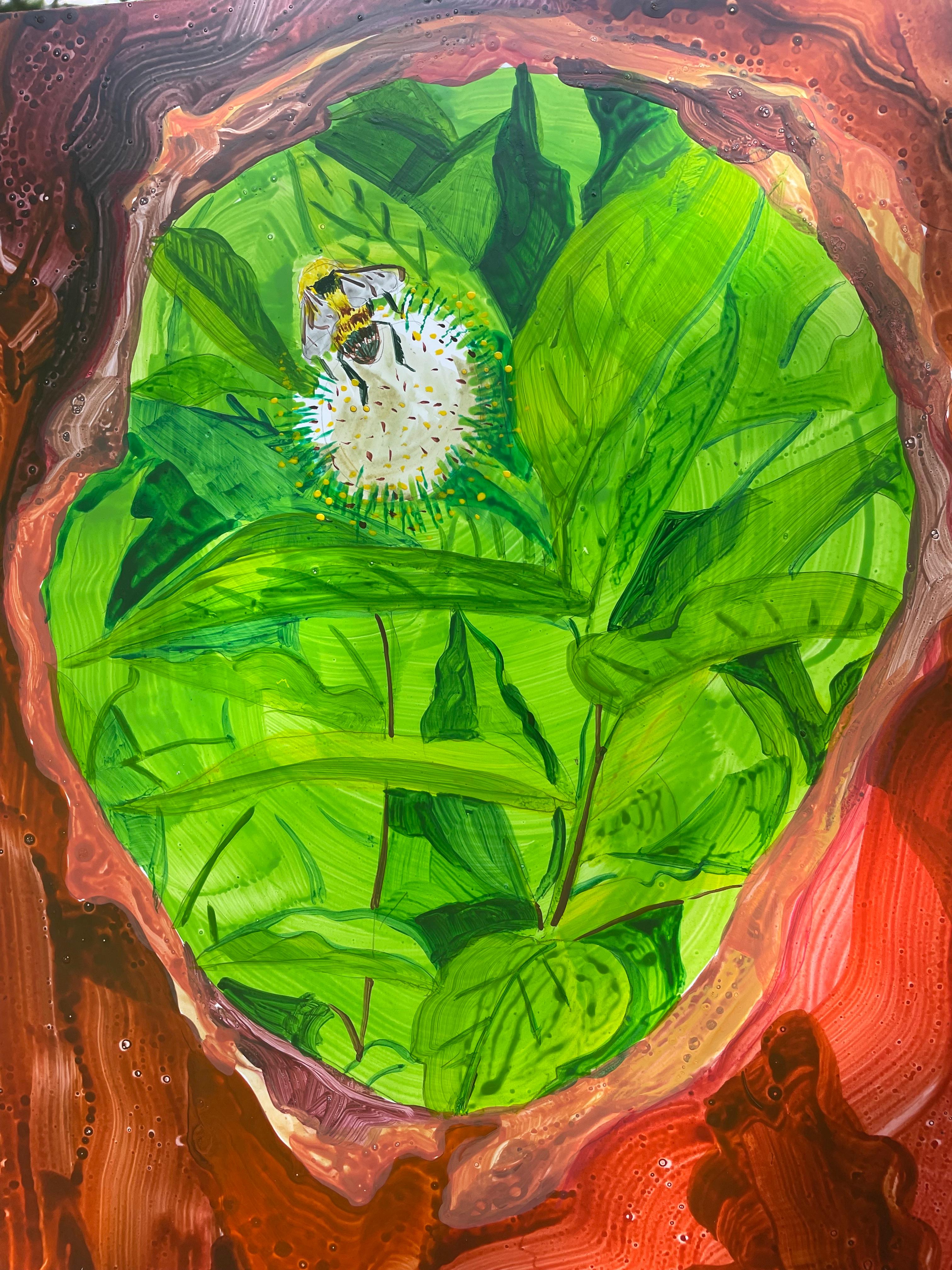 Deirdre Murphy Landscape Painting - Pompom Portal study: abstract landscape painting w/ honeybee trees, green forest