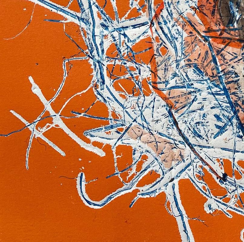 Preparation: one-of-a-kind monoprint painting of abstract bird in nest in orange - Painting by Deirdre Murphy