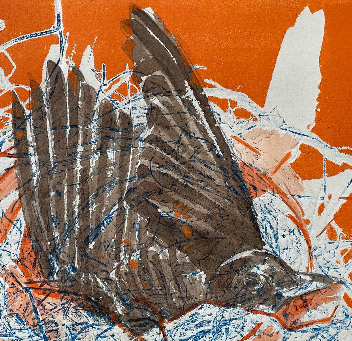 Preparation: one-of-a-kind monoprint painting of abstract bird in nest in orange - Abstract Painting by Deirdre Murphy