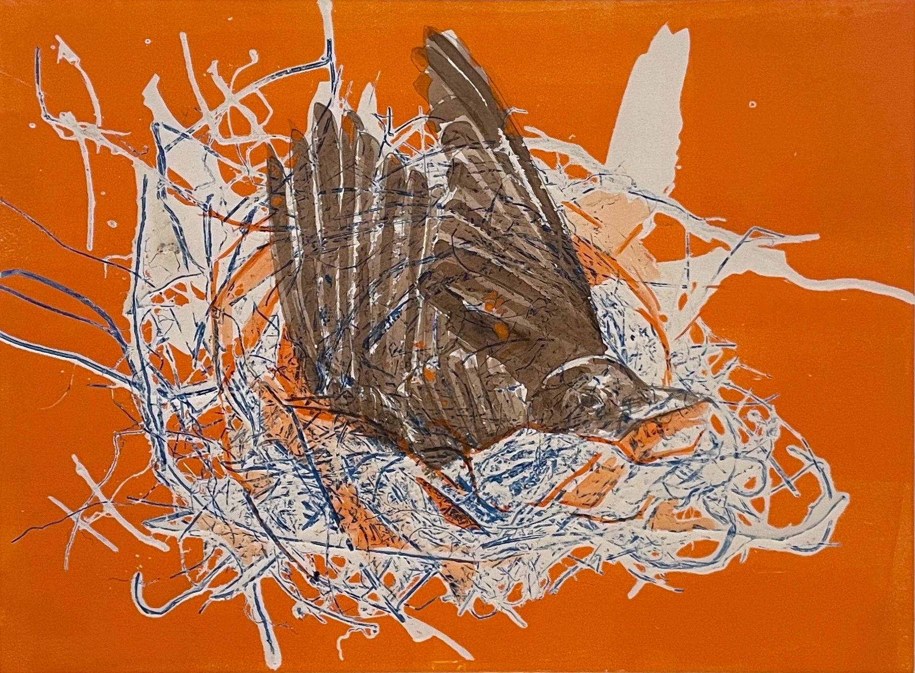 Preparation: one-of-a-kind monoprint painting of abstract bird in nest in orange