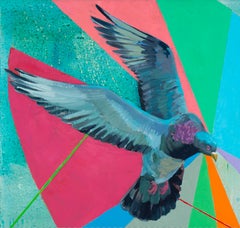 Song Catcher: contemporary abstract landscape painting, blue sky bird & flower