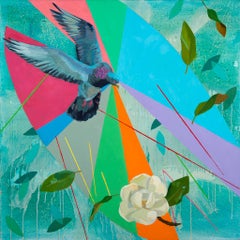 Song Catcher: contemporary abstract landscape painting, blue sky bird & flower  