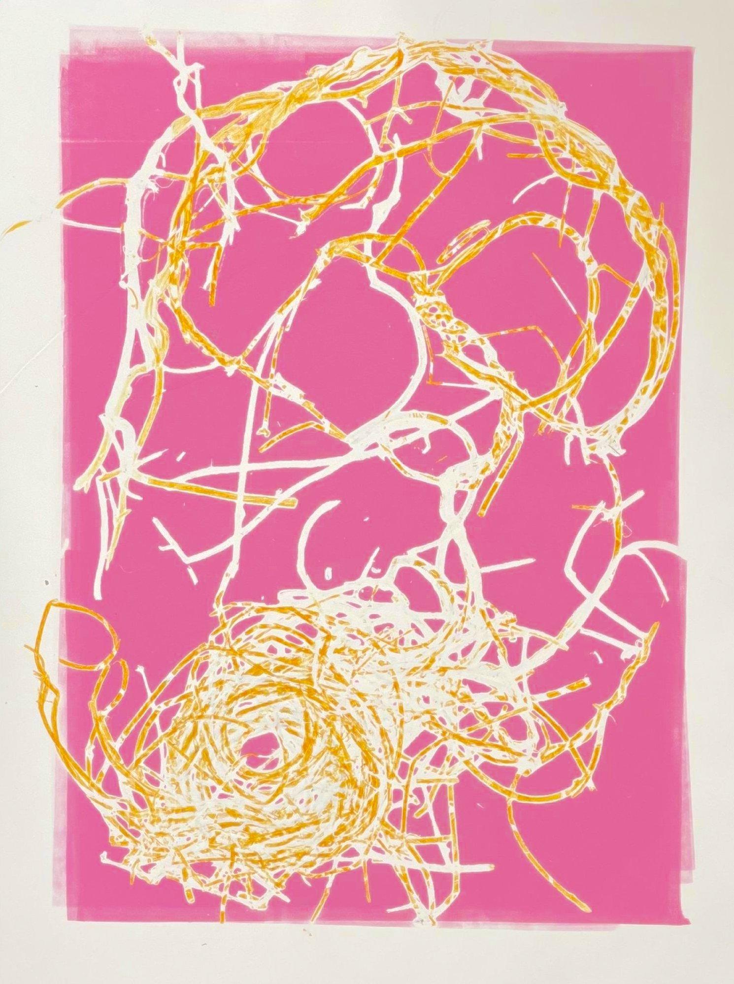 Deirdre Murphy Abstract Painting - Spin: one-of-a-kind monoprint of abstract bird nest w/ pink, orange & white line