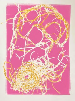 Spin: einzigartiger Monodruck eines abstrakten Vogelhauses mit rosa, orangefarbener und weißer Linie