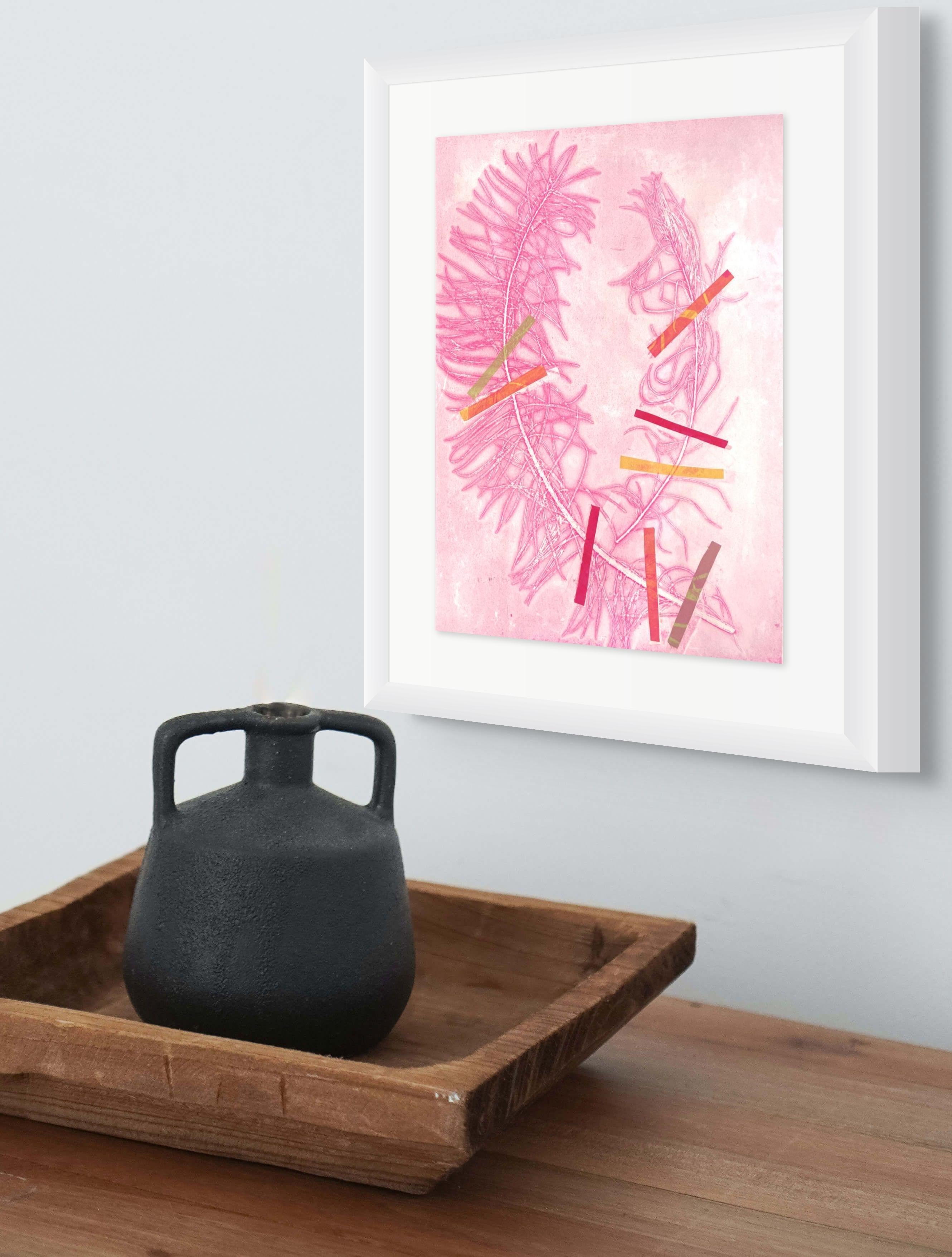 Framed botanical ink monoprint w/ collage & abstract flowers & leaves, pale pink - Print by Deirdre Murphy